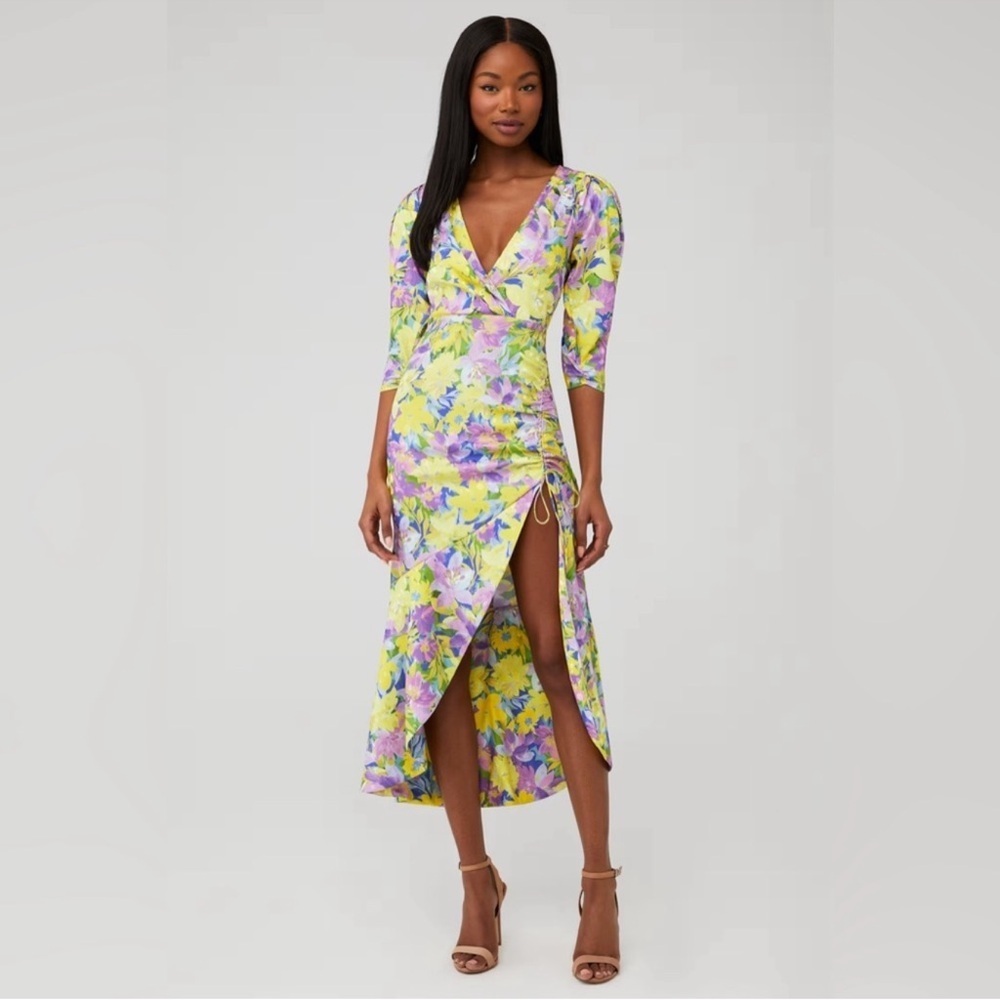 For Love & Lemons Cassia Floral Midi Dress XS Yellow Purple Wrap Slit Romantic